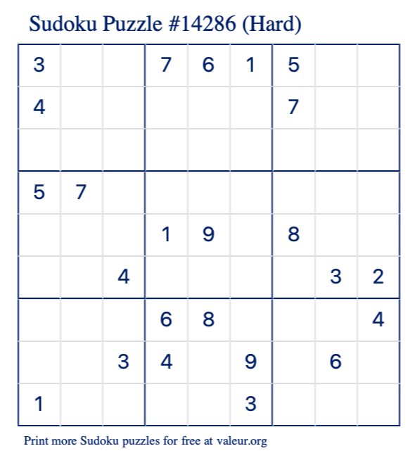 Free Printable Hard Sudoku Puzzle number 14286