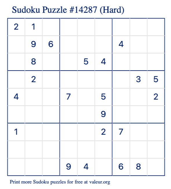 Free Printable Hard Sudoku Puzzle number 14287