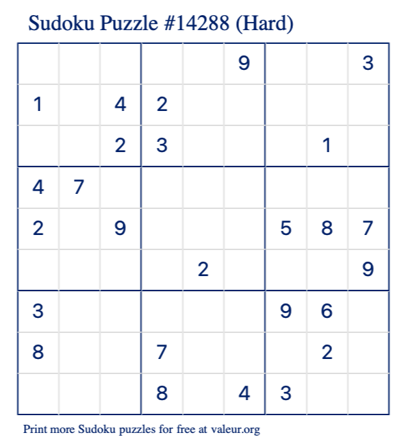 Free Printable Hard Sudoku Puzzle number 14288