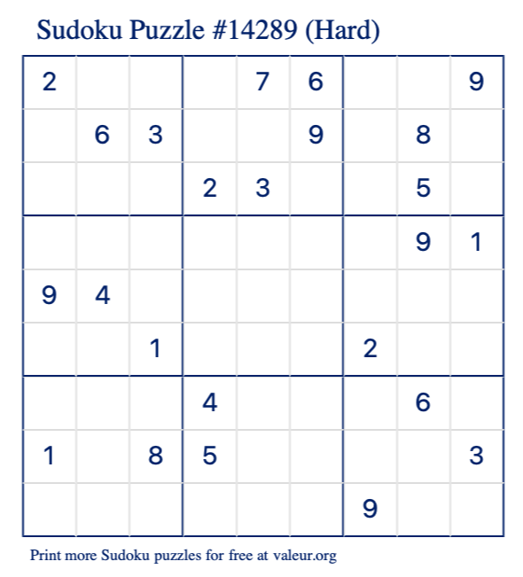 Free Printable Hard Sudoku Puzzle number 14289