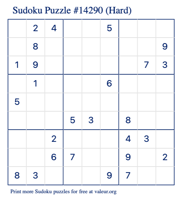 Free Printable Hard Sudoku Puzzle number 14290
