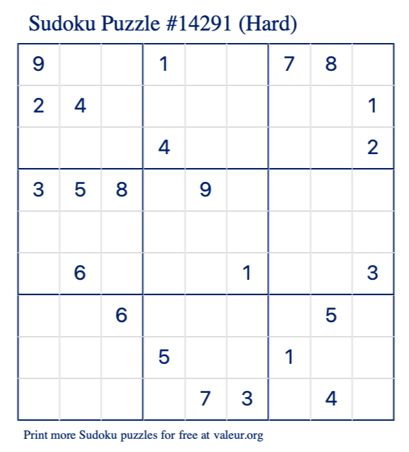 Free Printable Hard Sudoku Puzzle number 14291