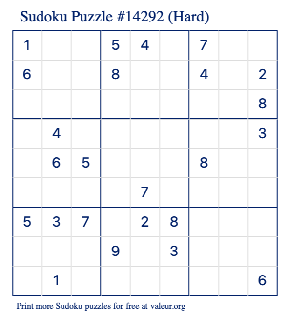 Free Printable Hard Sudoku Puzzle number 14292