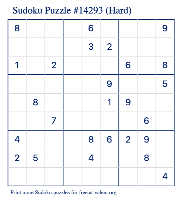 Free Printable Hard Sudoku Puzzle number 14293