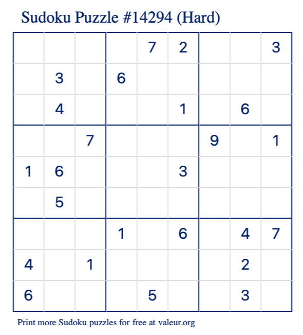Free Printable Hard Sudoku Puzzle number 14294
