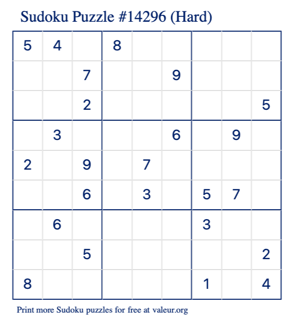 Free Printable Hard Sudoku Puzzle number 14296