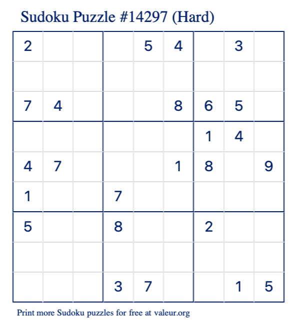 Free Printable Hard Sudoku Puzzle number 14297