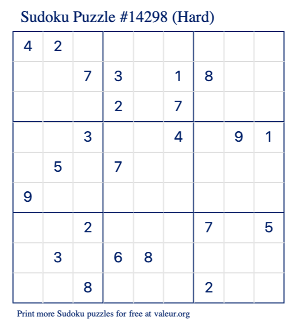 Free Printable Hard Sudoku Puzzle number 14298