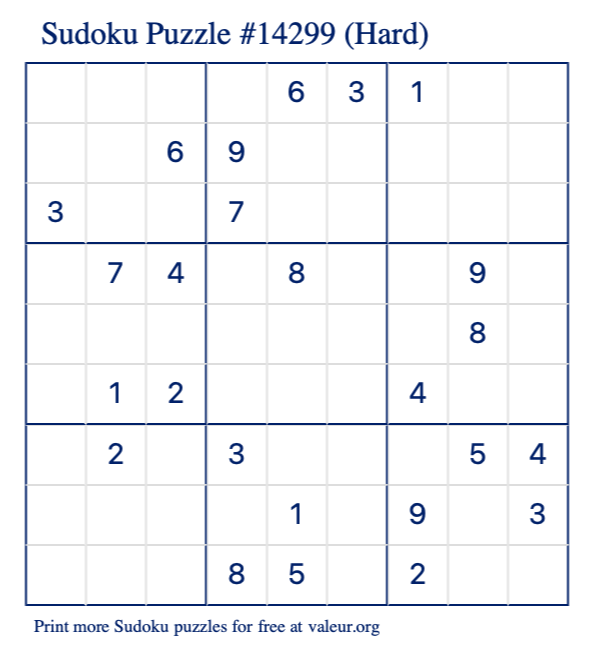 Free Printable Hard Sudoku Puzzle number 14299