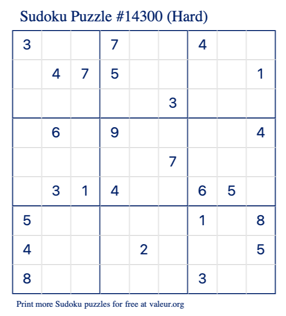 Free Printable Hard Sudoku Puzzle number 14300