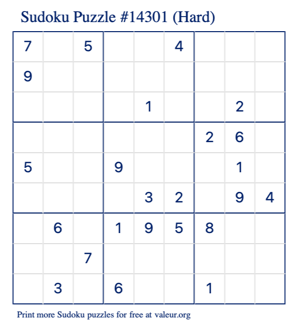 Free Printable Hard Sudoku Puzzle number 14301