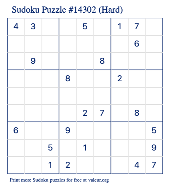 Free Printable Hard Sudoku with the Answer #14302