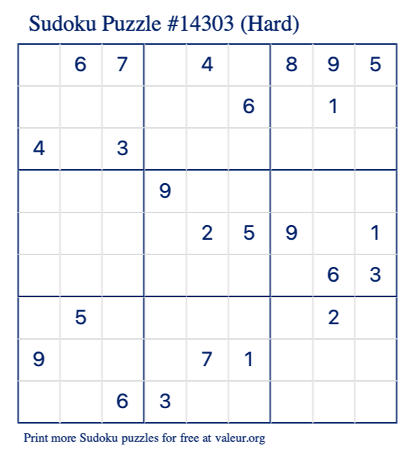 Free Printable Hard Sudoku Puzzle number 14303