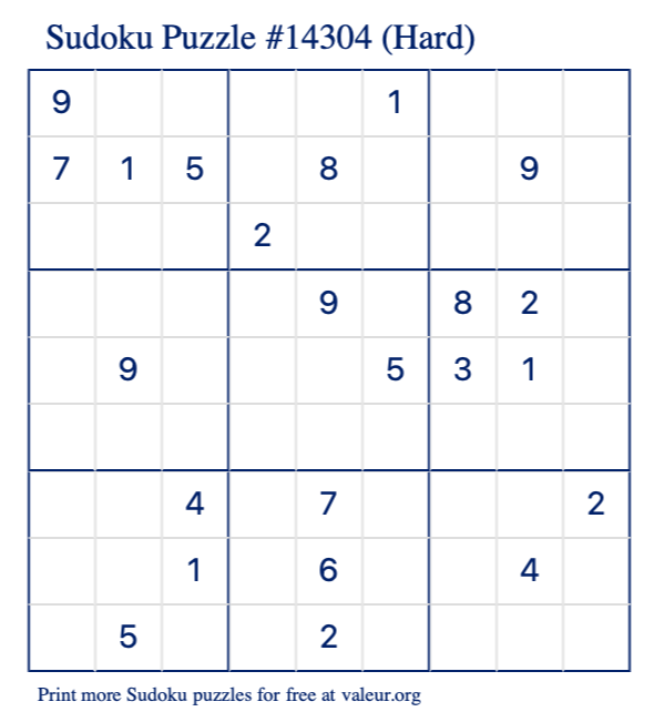 Free Printable Hard Sudoku Puzzle number 14304