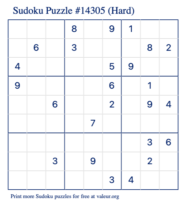 Free Printable Hard Sudoku Puzzle number 14305