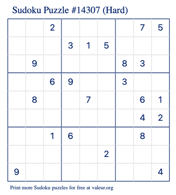 Free Printable Hard Sudoku Puzzle number 14307