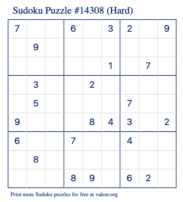 Free Printable Hard Sudoku Puzzle number 14308