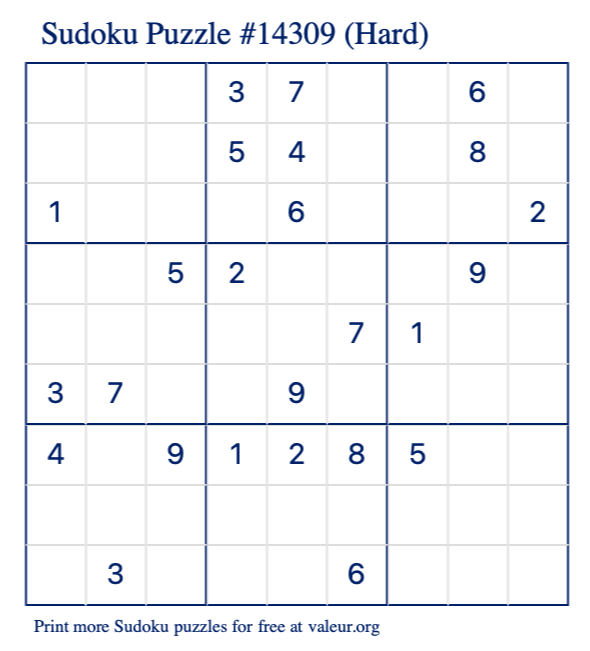 Free Printable Hard Sudoku Puzzle number 14309