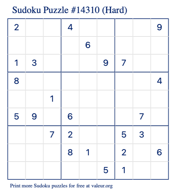 Free Printable Hard Sudoku Puzzle number 14310