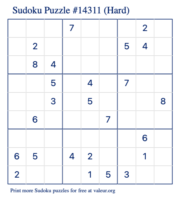 Free Printable Hard Sudoku Puzzle number 14311
