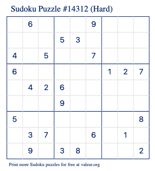 Free Printable Hard Sudoku Puzzle number 14312