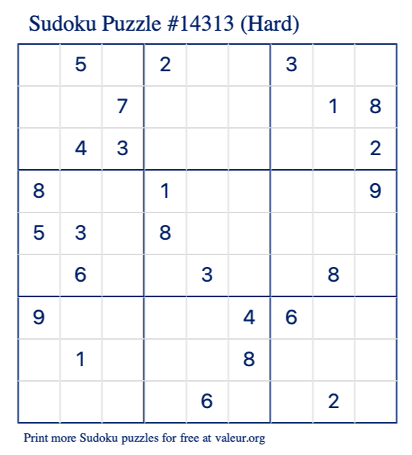 Free Printable Hard Sudoku Puzzle number 14313