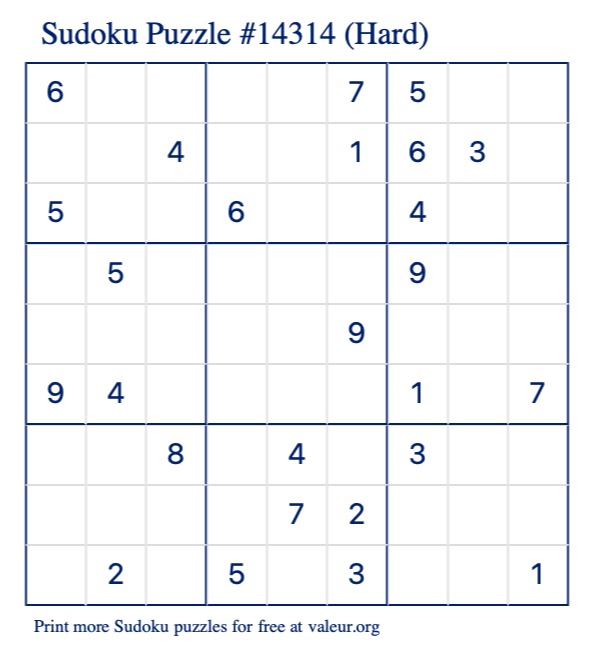 Free Printable Hard Sudoku Puzzle number 14314