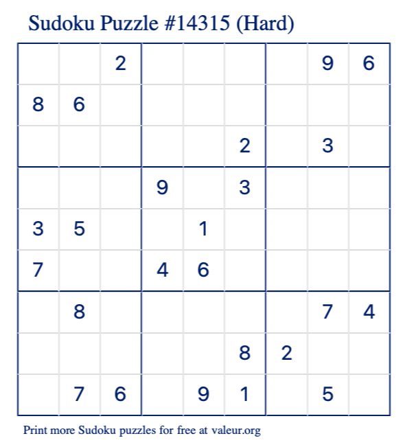Free Printable Hard Sudoku Puzzle number 14315
