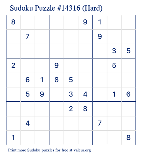 Free Printable Hard Sudoku Puzzle number 14316