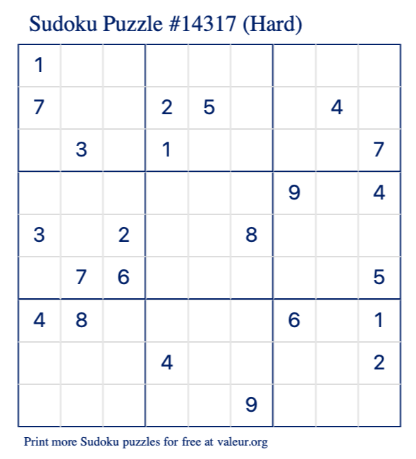 Free Printable Hard Sudoku Puzzle number 14317