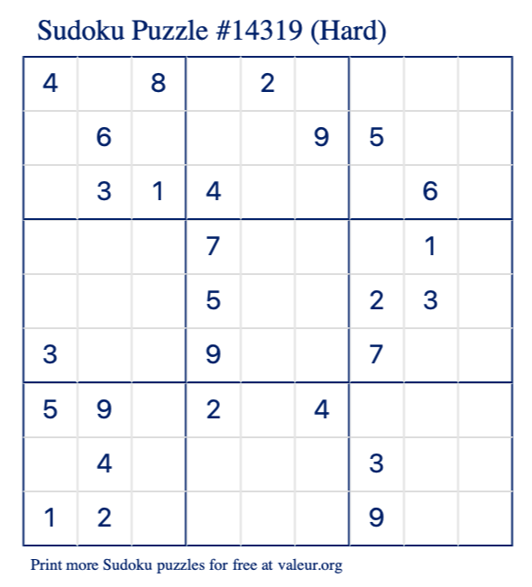 Free Printable Hard Sudoku Puzzle number 14319
