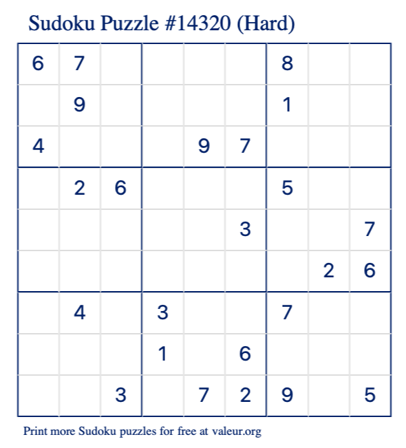 Free Printable Hard Sudoku Puzzle number 14320