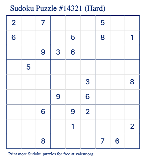 Free Printable Hard Sudoku Puzzle number 14321