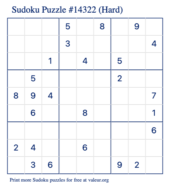 Free Printable Hard Sudoku Puzzle number 14322