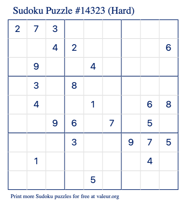 Free Printable Hard Sudoku Puzzle number 14323
