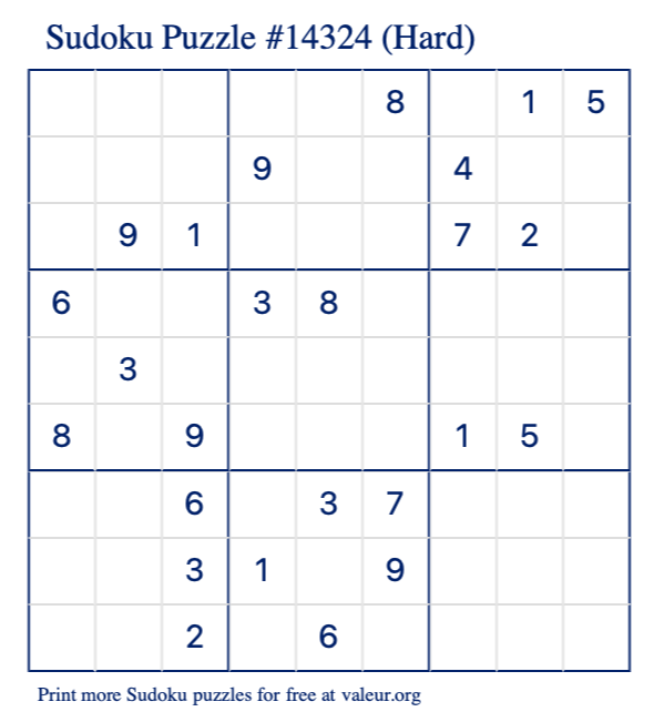 Free Printable Hard Sudoku Puzzle number 14324