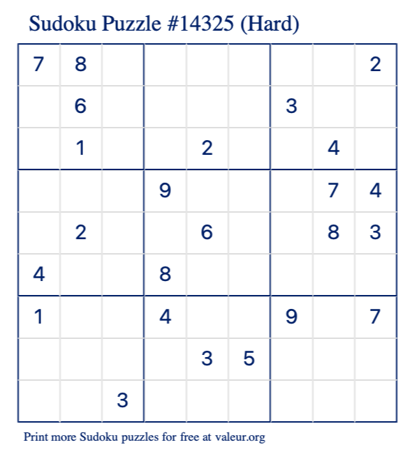 Free Printable Hard Sudoku Puzzle number 14325