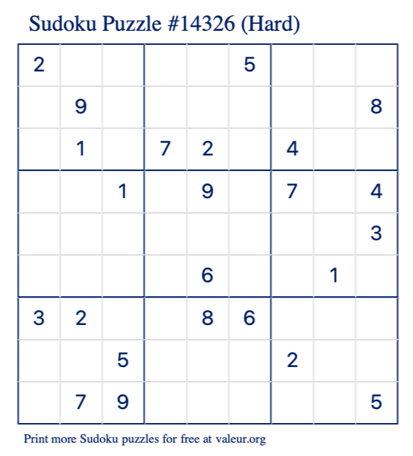 Free Printable Hard Sudoku Puzzle number 14326