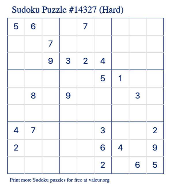 Free Printable Hard Sudoku Puzzle number 14327