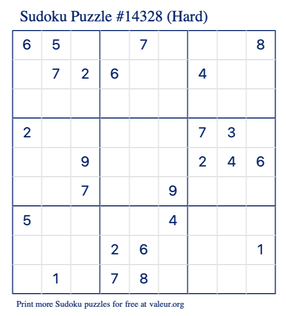 Free Printable Hard Sudoku Puzzle number 14328