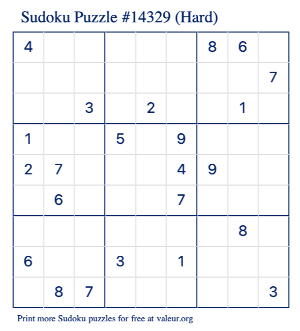 Free Printable Hard Sudoku Puzzle number 14329