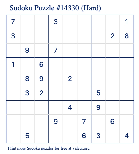 Free Printable Hard Sudoku Puzzle number 14330