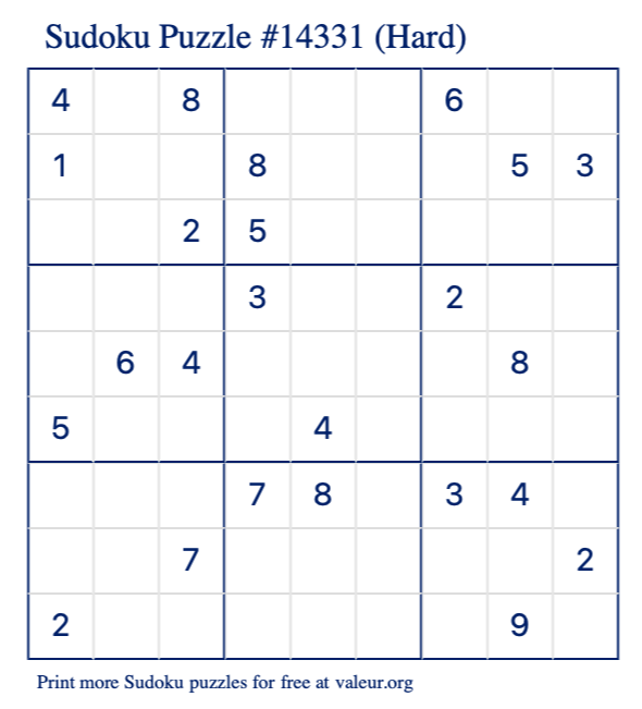 Free Printable Hard Sudoku Puzzle number 14331