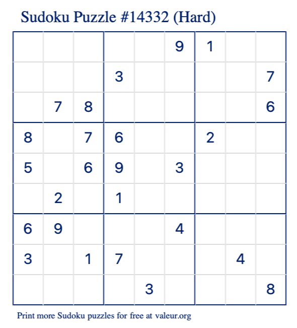 Free Printable Hard Sudoku Puzzle number 14332