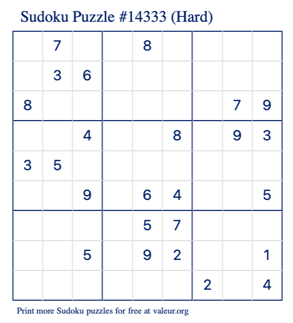 Free Printable Hard Sudoku Puzzle number 14333