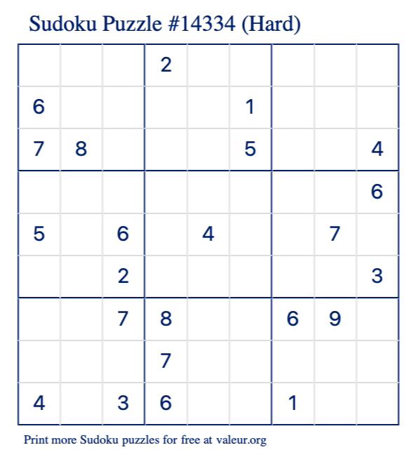 Free Printable Hard Sudoku Puzzle number 14334