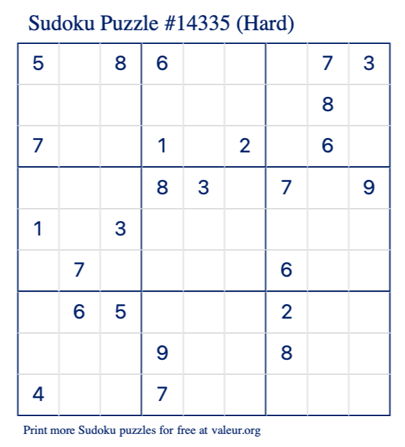 Free Printable Hard Sudoku Puzzle number 14335