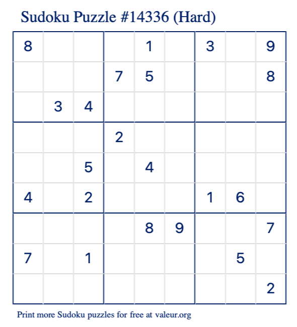 Free Printable Hard Sudoku Puzzle number 14336