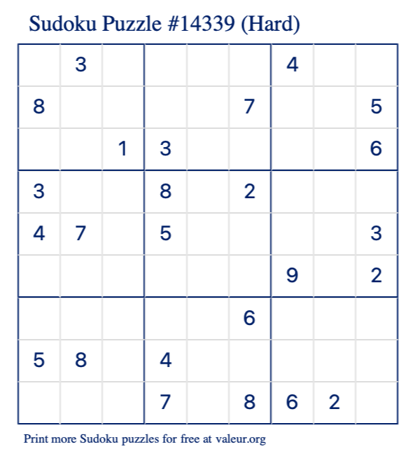 Free Printable Hard Sudoku Puzzle number 14339