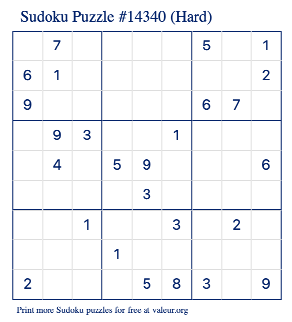 Free Printable Hard Sudoku Puzzle number 14340